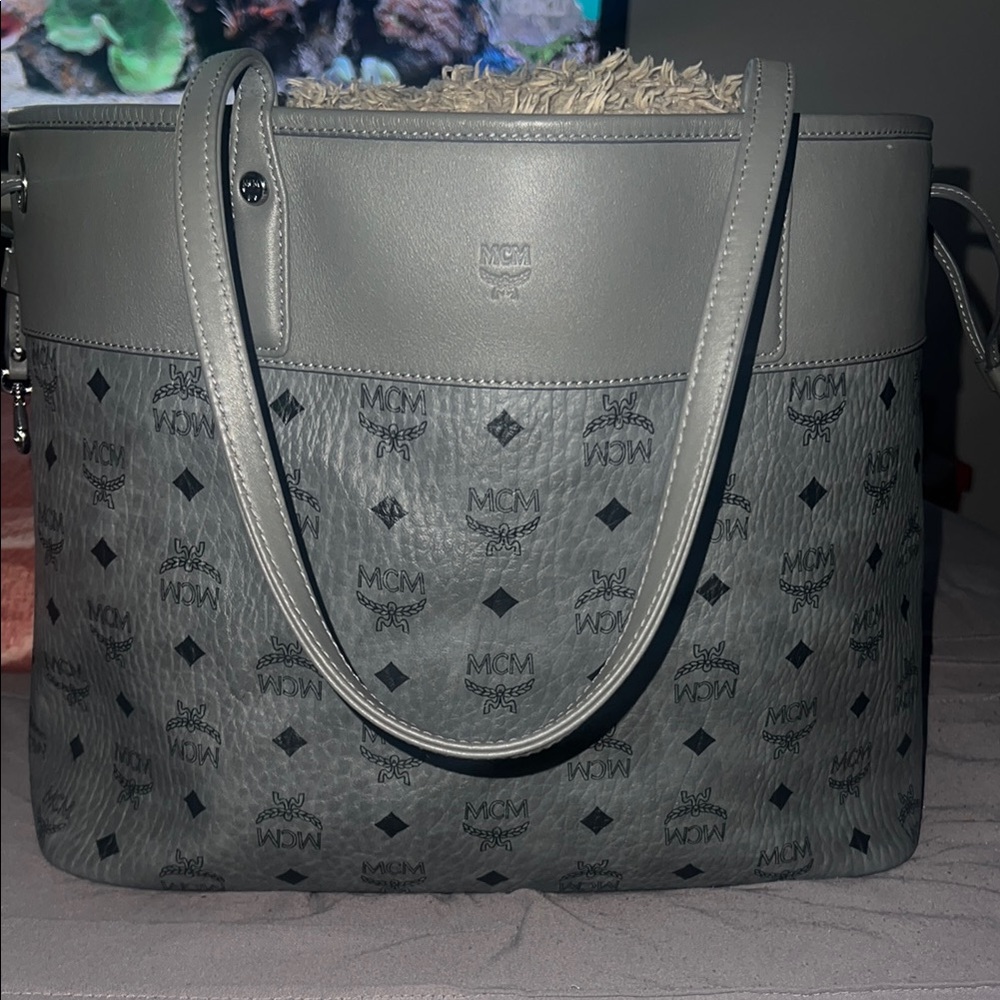 MCM Gray Monogram Tote Bag with Structured Design
